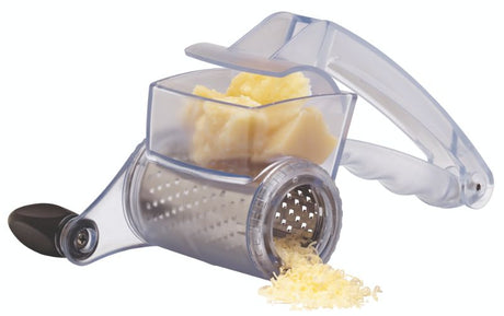 Avanti Rotary Grater with two stainless steel blades for efficient grating of cheese, chocolate, and nuts, featuring an ergonomic handle.