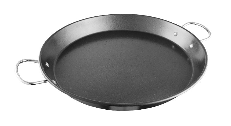 Avanti 40CM non-stick paella pan with hammered base and riveted handles, perfect for seafood paella and stews.