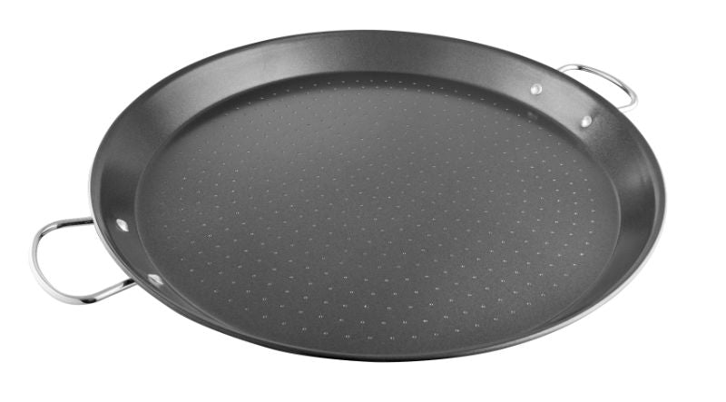 Avanti 46CM non-stick paella pan with hammered base, riveted handles, ideal for paella and stir-fries, dishwasher safe.