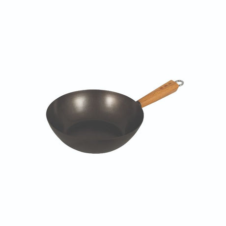 Avanti 27CM wok featuring a durable carbon body and stylish bamboo handle, perfect for stir-frying and sautéing.