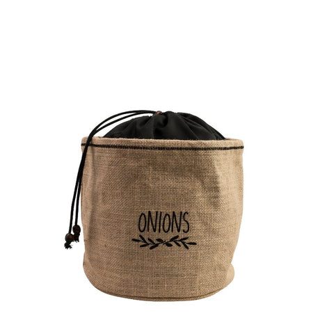 Eco-friendly jute onion storage bag (20x20cm) with a drawstring, designed to keep onions fresh and stylish in the kitchen.