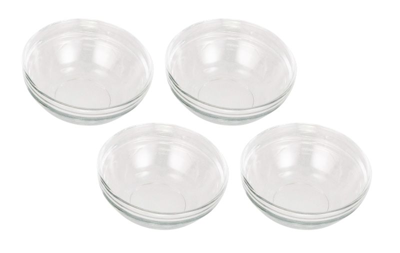 Set of 4 stackable Avanti glass pinch bowls, perfect for organizing spices or serving sauces and snacks.