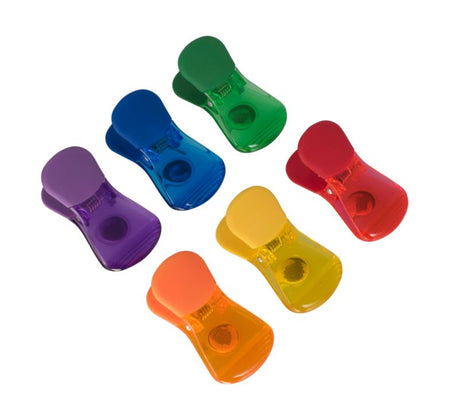 Colorful set of 6 Avanti Magnetic Bag Clips with strong magnets, perfect for sealing bags and organizing notes on metal surfaces.