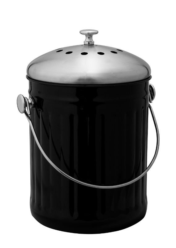 Stylish 5L black compost bin with stainless steel lid and charcoal filter for odor-free kitchen waste storage.