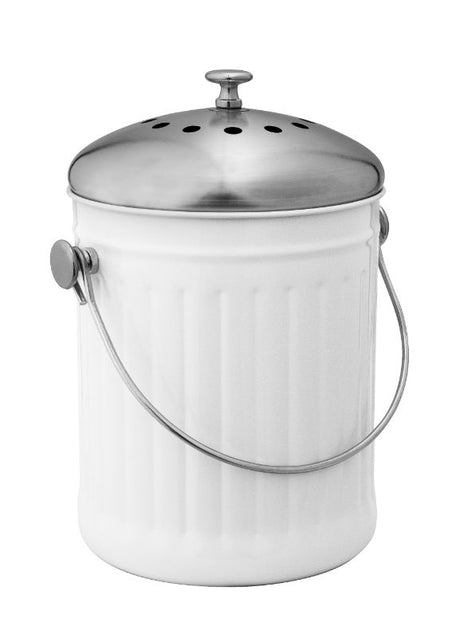 Stylish white 5-litre compost bin with stainless steel lid and charcoal filter for odor-free kitchen waste management.