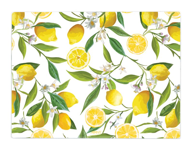 Avanti Surface Protector with Lemons design, a durable tempered glass board for serving, slicing, and protecting surfaces.