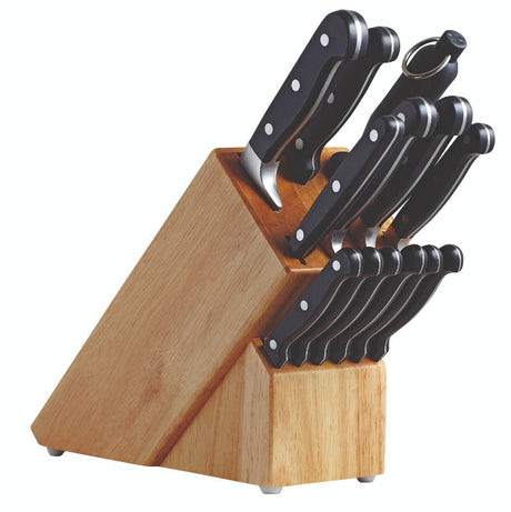 Avanti 14-Piece Knife Block set featuring stainless steel knives with wooden storage, perfect for precise culinary tasks.