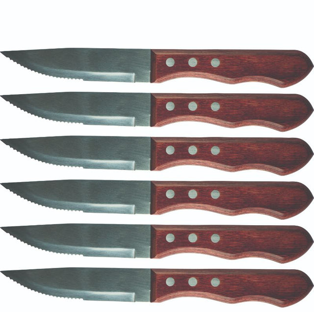 Avanti Jumbo Steak Knife Set of 6 with stainless steel serrated blades and ergonomic Pakkawood handles for effortless cutting.