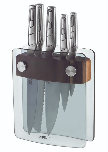 Avanti 6pce Elite Cutlery Block featuring precision DIN 1.4116 stainless steel knives with ergonomic grips and sleek storage.