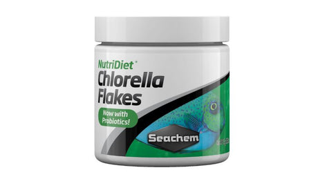 NutriDiet Chlorella Flakes (15g) for fish nutrition, packed with probiotics, vitamins, and GarlicGuard for optimal health.