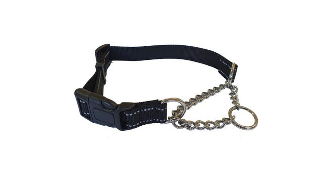 Black reflective Martingale dog collar with chrome plated chain, adjustable 35-50cm, ideal for safety and comfort during walks.