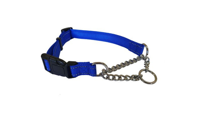 Blue martingale dog collar, 20mm wide, 35-50cm, reflective nylon, humane design for sighthounds, durable chrome-plated chain.