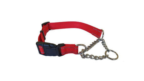 Martingale reflective dog collar in red, 20mm wide, adjustable 35-50cm, designed for safety and style during walks.