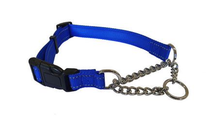 Martingale dog collar in blue, 25mm wide, 50-70cm, reflective for safety, ideal for sighthounds like greyhounds.