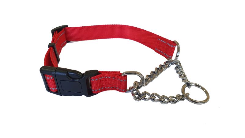 Martingale dog collar in red, 25mm wide, reflective nylon, designed for safe control and comfort for dogs 50-70cm neck size.