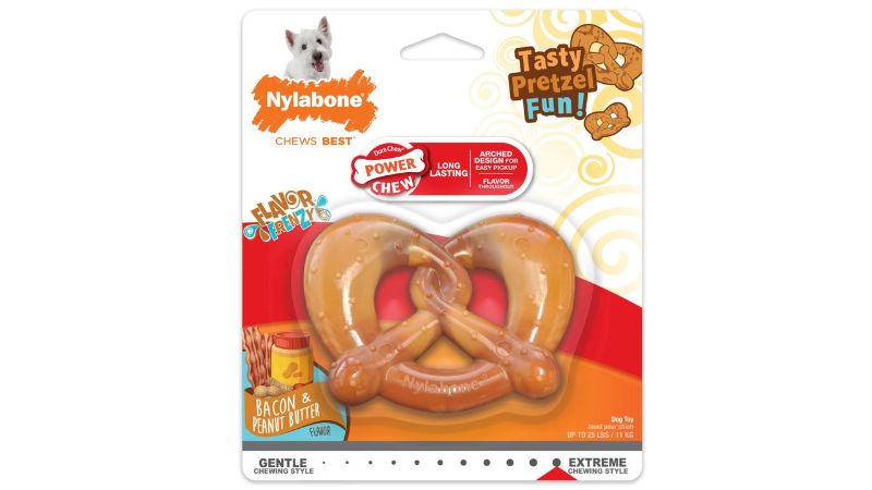 Durable Nylabone Pretzel chew toy for dogs, infused with bacon and peanut butter flavors, promotes healthy chewing and dental care.