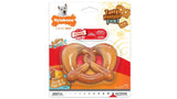 Durable Nylabone Pretzel chew toy for dogs, infused with bacon and peanut butter flavors, promotes healthy chewing and dental care.