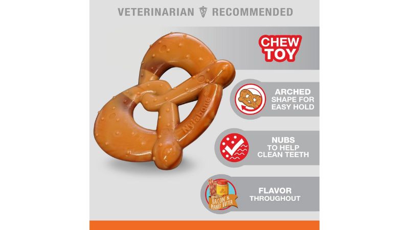 Nylabone Pretzel Dog Toy, a durable chew with bacon & peanut butter flavor, features dental nubs for cleaning teeth.