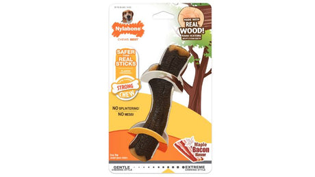 Nylabone Wood Chew Stick Wolf, a durable chew toy with maple bacon flavor, promotes dental health for strong chewers.