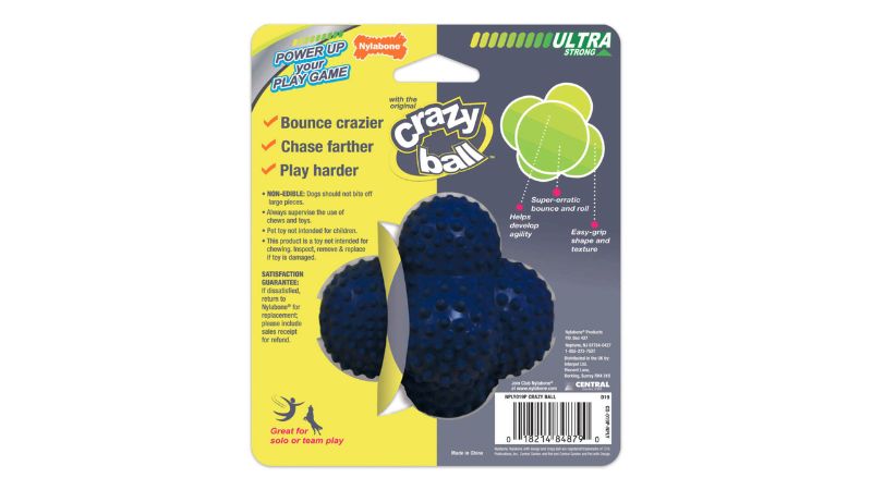 Colorful dog toy with six textured sides for grip, promoting dental health and active play through erratic bouncing.