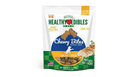 Healthy Edibles Chewy Bites Chicken for dogs; tasty, soft, nutritious treats made with real chicken, perfect for training and rewards.