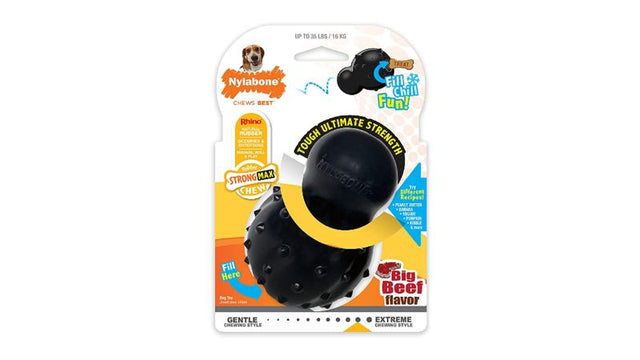 Durable chew toy for dogs up to 16kg, stuffable with treats, features dental nubs, and unpredictable bounces for fun playtime.