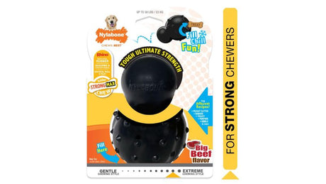 Durable giant chew toy for dogs, stuffable with treats, promotes dental health, and features unpredictable bounces.