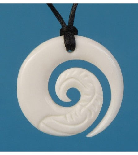 Bone Etched Koru Pendant, 28mm diameter, handcrafted Maori design symbolizing new beginnings and growth, adjustable sliding knot.