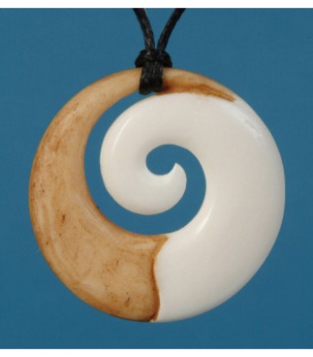 Bone Stained Koru Pendant featuring a unique Maori design, symbolizing growth, on an adjustable black wax cord.