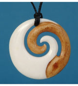 Bone Koru Stained Pendant featuring unique Paua details, symbolizing growth, hung on an adjustable cord for everyday elegance.