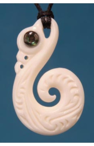 Bone Manaia Pendant featuring a Paua Eye and Koru design on an adjustable black cord, symbolizing protection and new beginnings.