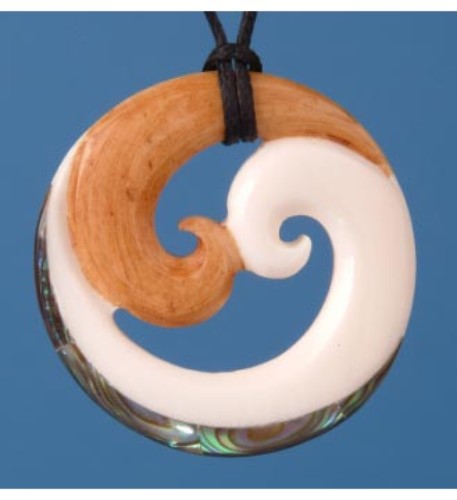 Bone Double Koru Pendant featuring a unique double koru design, Paua shell inlay, and adjustable black wax cord.