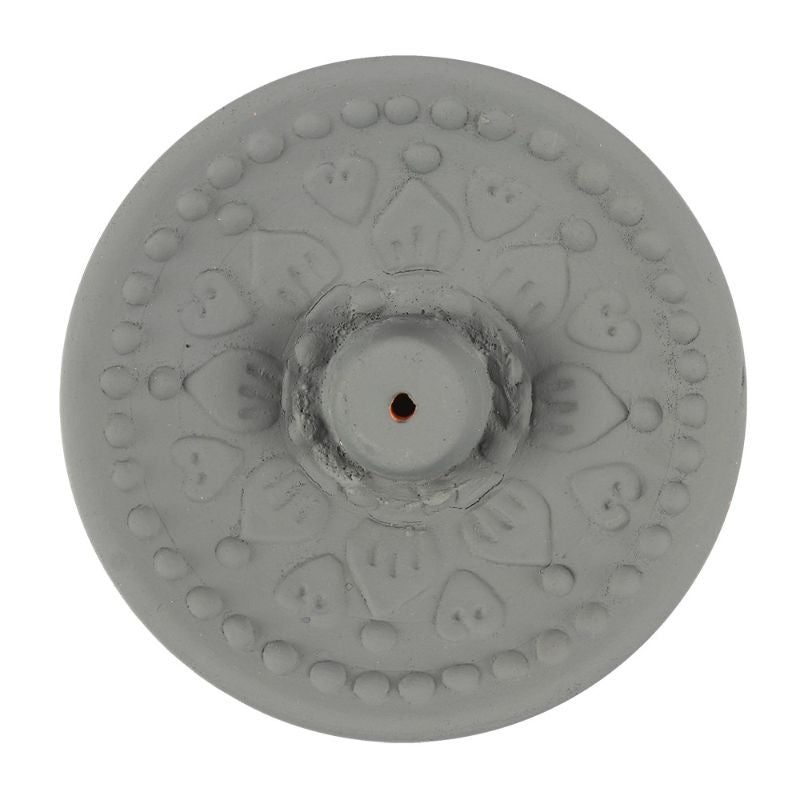 Terracotta incense plate with grey Mandala design, ideal for meditation and enhancing serene spaces.