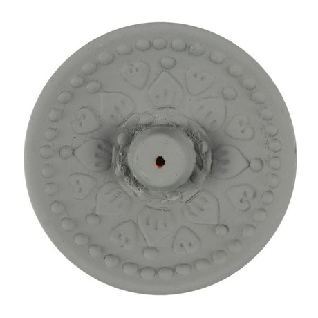 Terracotta incense plate with grey Mandala design, ideal for meditation and enhancing serene spaces.