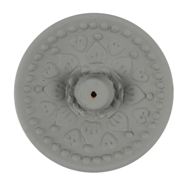 Terracotta incense plate with grey Mandala design, ideal for meditation and enhancing serene spaces.