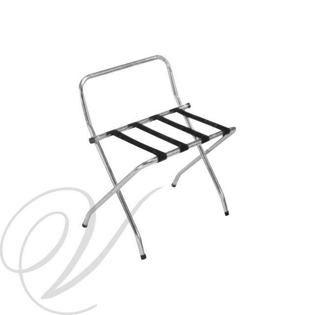 Stylish and sturdy luggage rack with chrome frame and canvas straps, perfect for secure suitcase storage and decor enhancement.