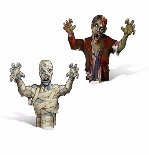Spooky Mummy and Zombie 3D centrepieces, 46cm tall, perfect for Halloween party decor and adding frightful fun.