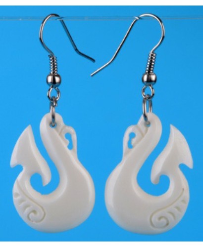 Handcrafted Bone Manaia Hook Earrings, 25mm x 18mm, feature a protective symbol of Maori culture and unique, lightweight design.