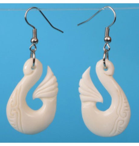 Kiwiana-inspired Bone Hook Earrings, uniquely carved, symbolizing good fortune and crafted for comfort, 30mm x 20mm.