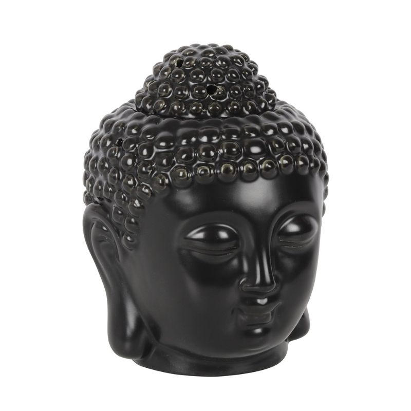 Matte black ceramic Buddha head oil burner, H:14 x W:9 x D:9 cm, perfect for aromatherapy and creating a calming atmosphere.