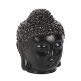 Matte black ceramic Buddha head oil burner, H:14 x W:9 x D:9 cm, perfect for aromatherapy and creating a calming atmosphere.