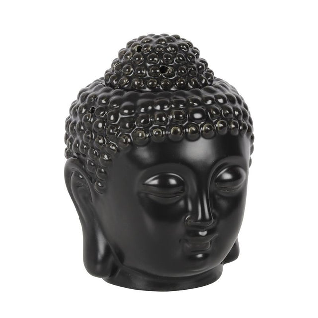 Matte black ceramic Buddha head oil burner, H:14 x W:9 x D:9 cm, perfect for aromatherapy and creating a calming atmosphere.