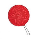 Vibrant red splatter guard with stainless steel handle, preventing oil splatters while cooking for clean stovetops.