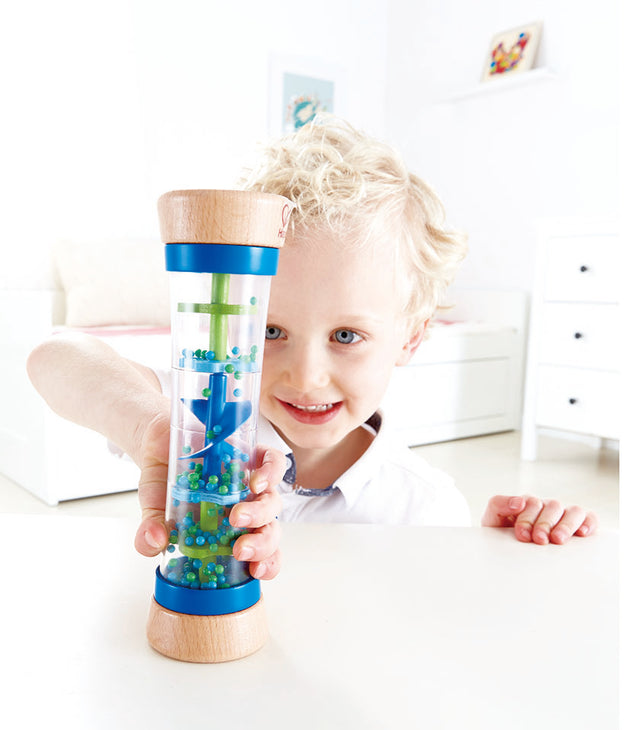 Beaded Raindrops kids toy in blue, promoting sensory play and fine motor skills with vibrant beads and soothing sounds.