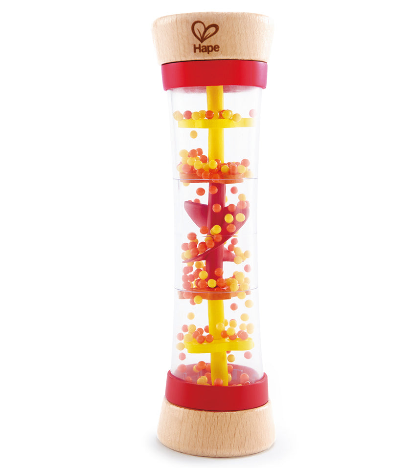 Vibrant red Beaded Raindrops kids toy fosters sensory play and fine motor skills with trickling beads and soothing sounds.