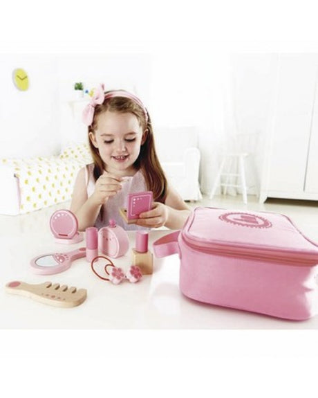 Hape Wooden Beauty Toy Belongings set with 11 accessories, ideal for imaginative role play and portable fun for children 3+.