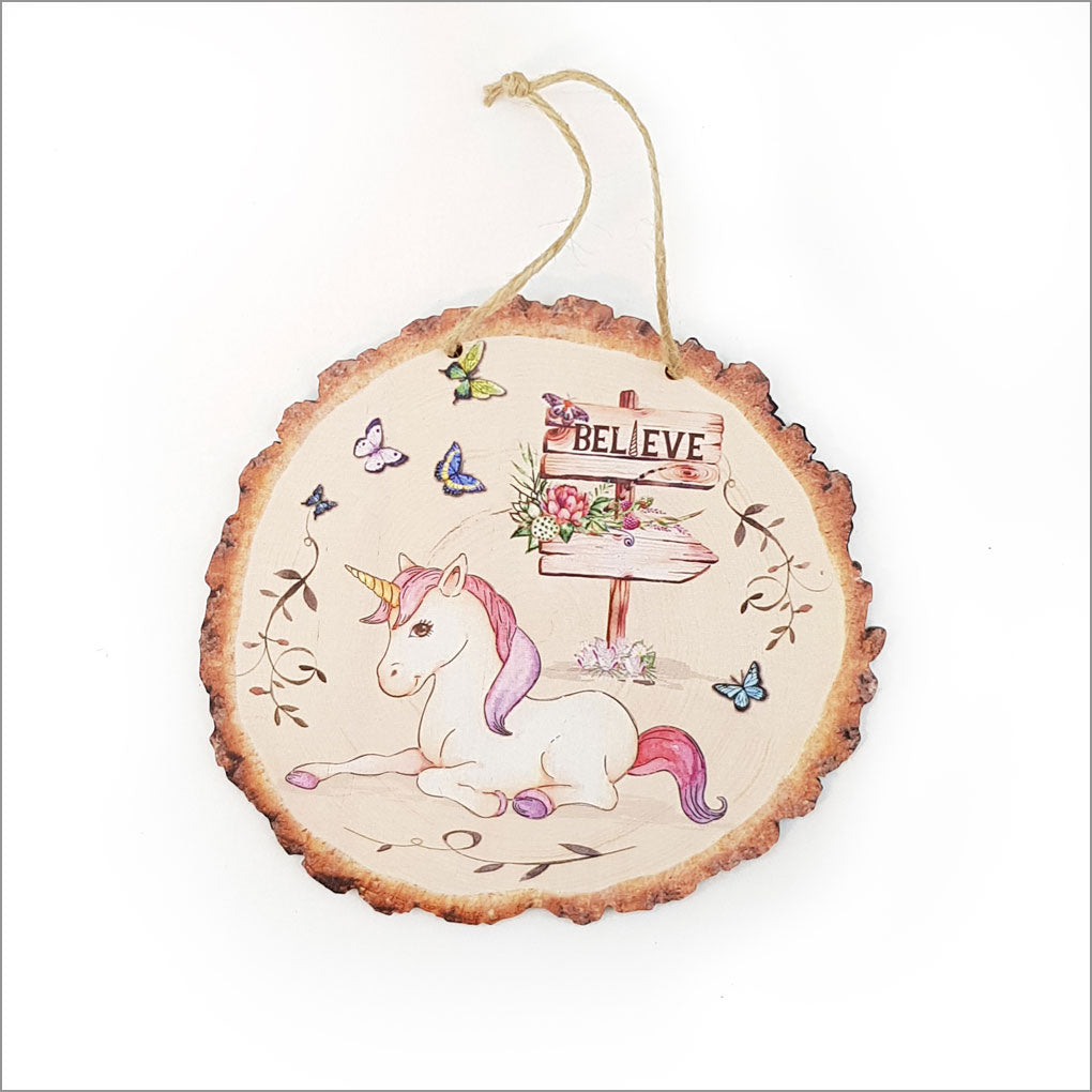 Whimsical kiwi unicorn wood slice wall art, eco-friendly pine veneer, 155mm x 145mm, vibrant colors, ready to hang.