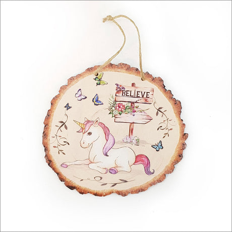 Whimsical kiwi unicorn wood slice wall art, eco-friendly pine veneer, 155mm x 145mm, vibrant colors, ready to hang.