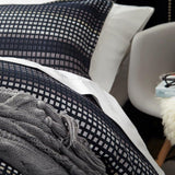 Queen Duvet Set in navy with pixelated pattern, includes cover and pillowcases with ivory piping for elegant bedroom style.