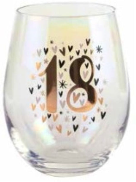 18th Rainbow Pastel Heart Stemless Wine Glass, 600ml, featuring a colorful heart design for stylish celebrations and gifting.